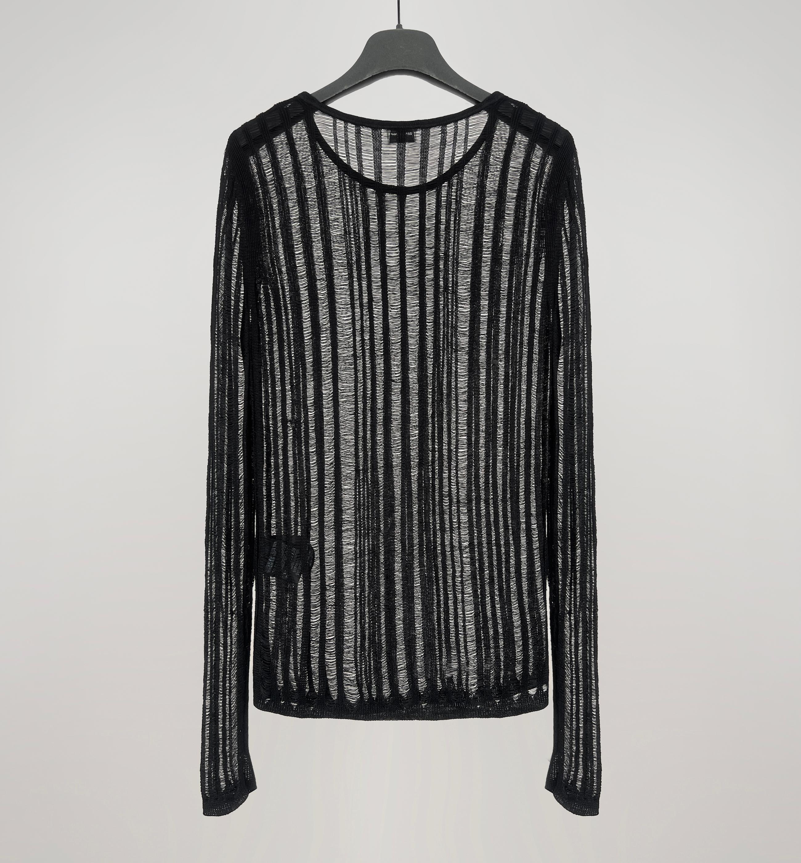 Black 2017 Saint Laurent Paris distressed semi sheer knit sweater For Sale
