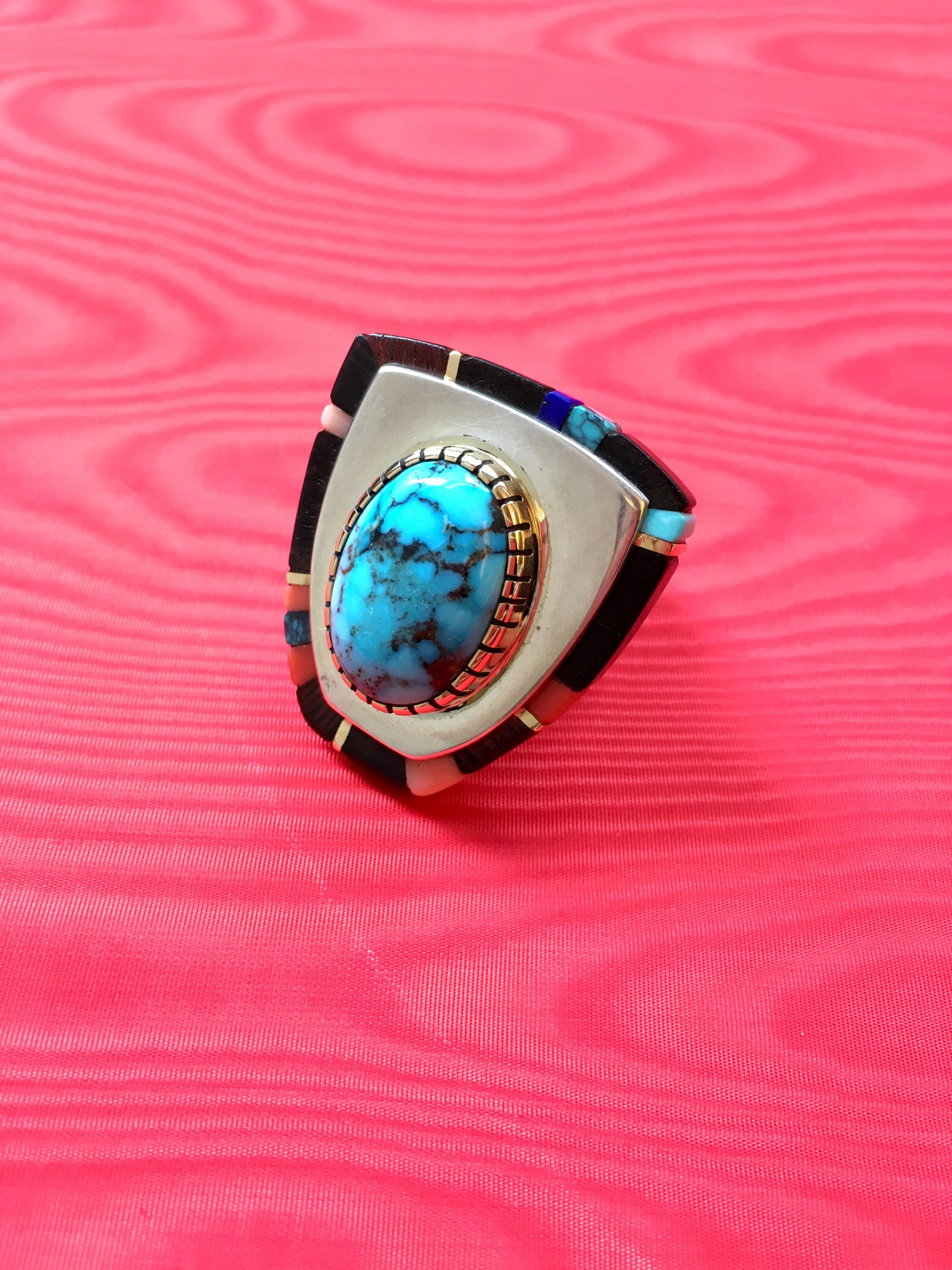 Cabochon 2017 Sonwai Turquoise, Lapis, Ebony, Coral, Gold and Silver Ring