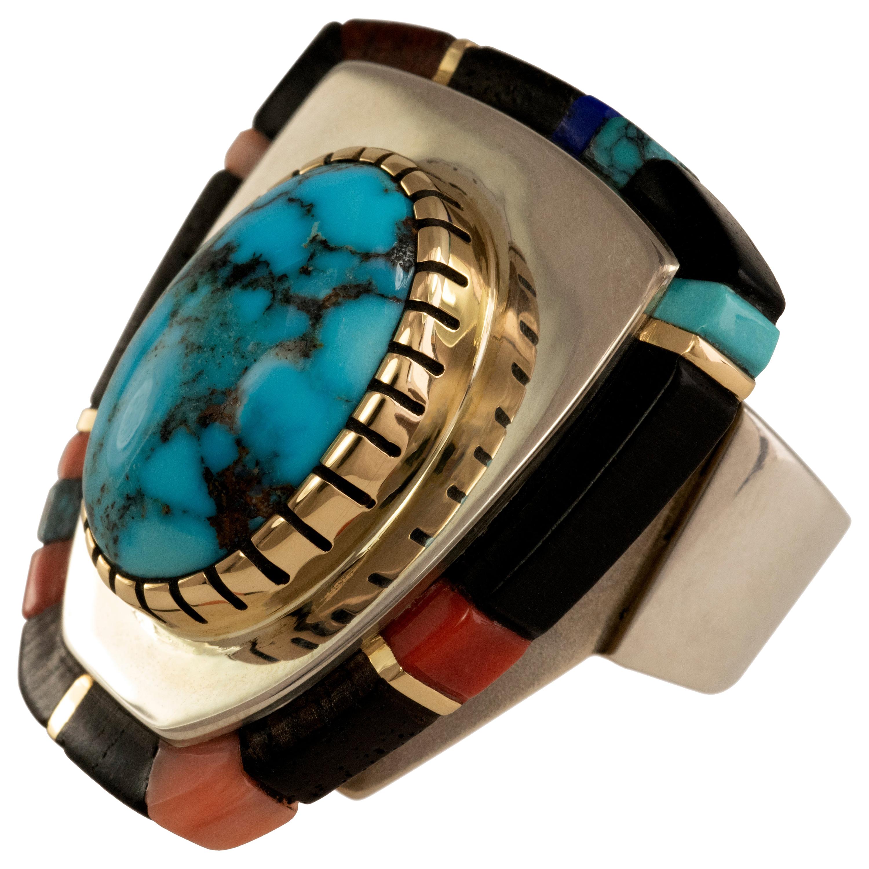 2017 Sonwai Turquoise, Lapis, Ebony, Coral, Gold and Silver Ring
