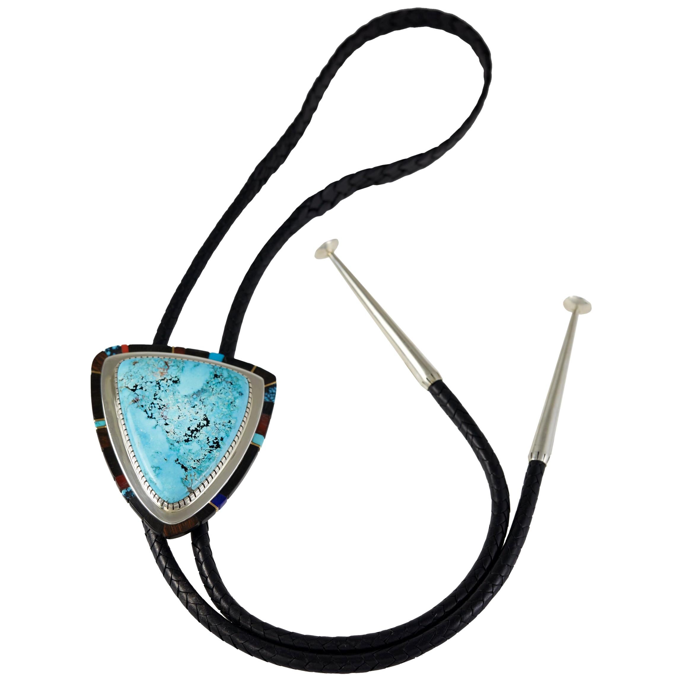 2017 Verma Nequetewa 'Sonwai' Morenci Turquoise, Coral and Silver Bolo Tie