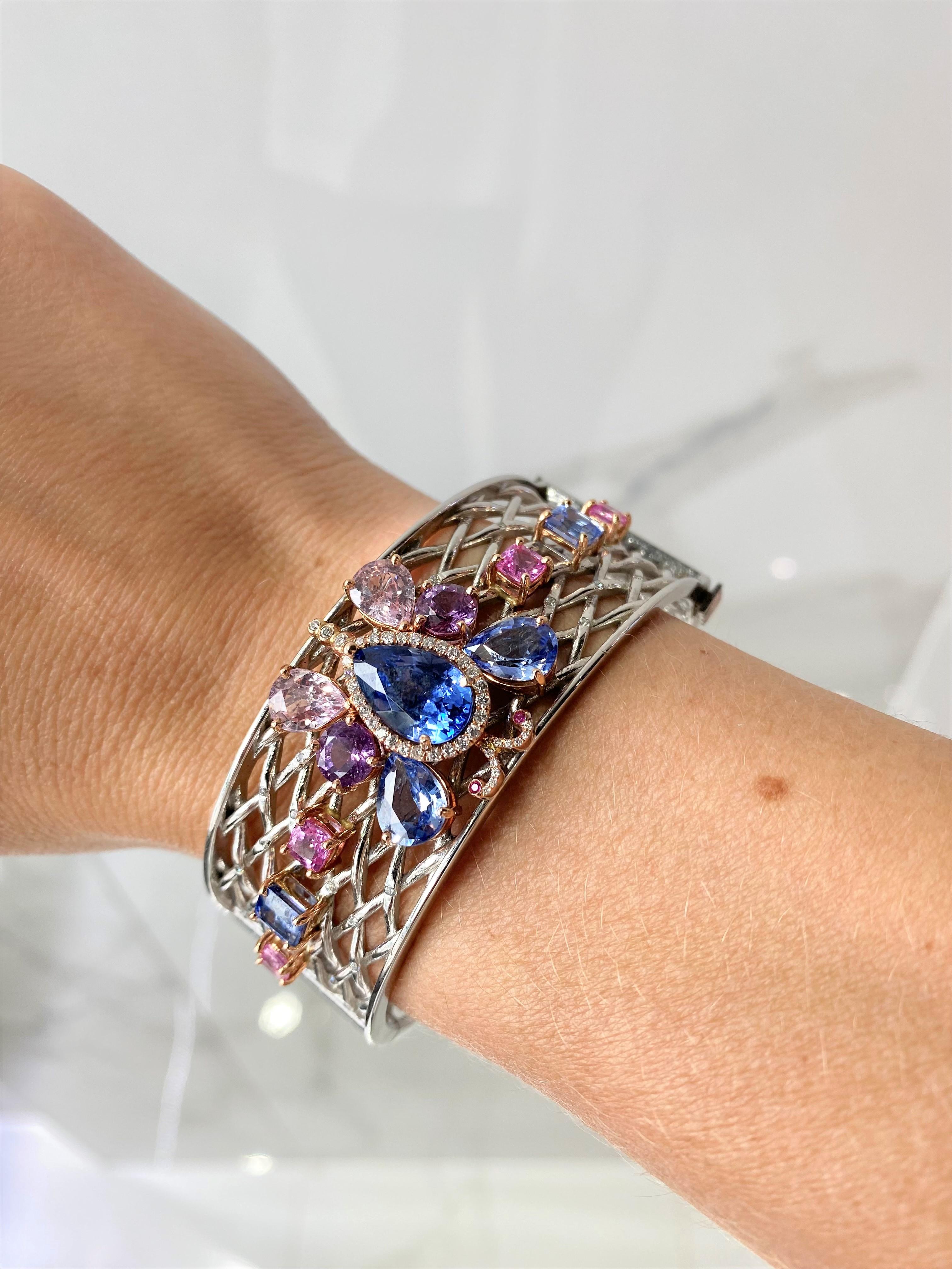  Bracelet jonc en saphirs bleus et roses naturels certifiés GIA de 20,17 carats et diamants de 0,41 carat Unisexe 