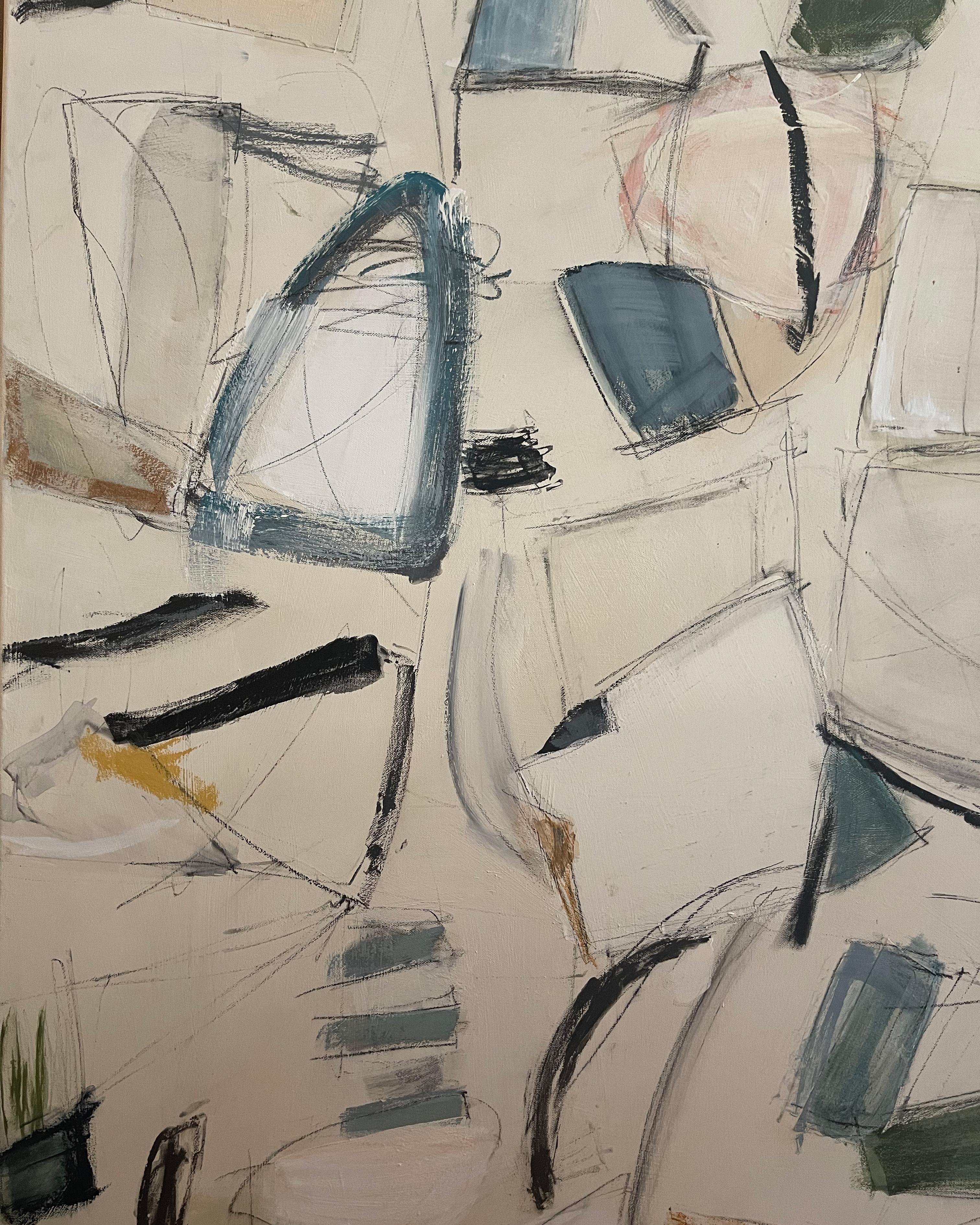 Abstract painting by Kimberley Moore 2018. Beige white background with accents of blue, green, yellow, and black. Acrylic paint, plaster, wax, oil pastel, and charcoal on canvas. White washed wood frame. Art hangs vertically on a wire.