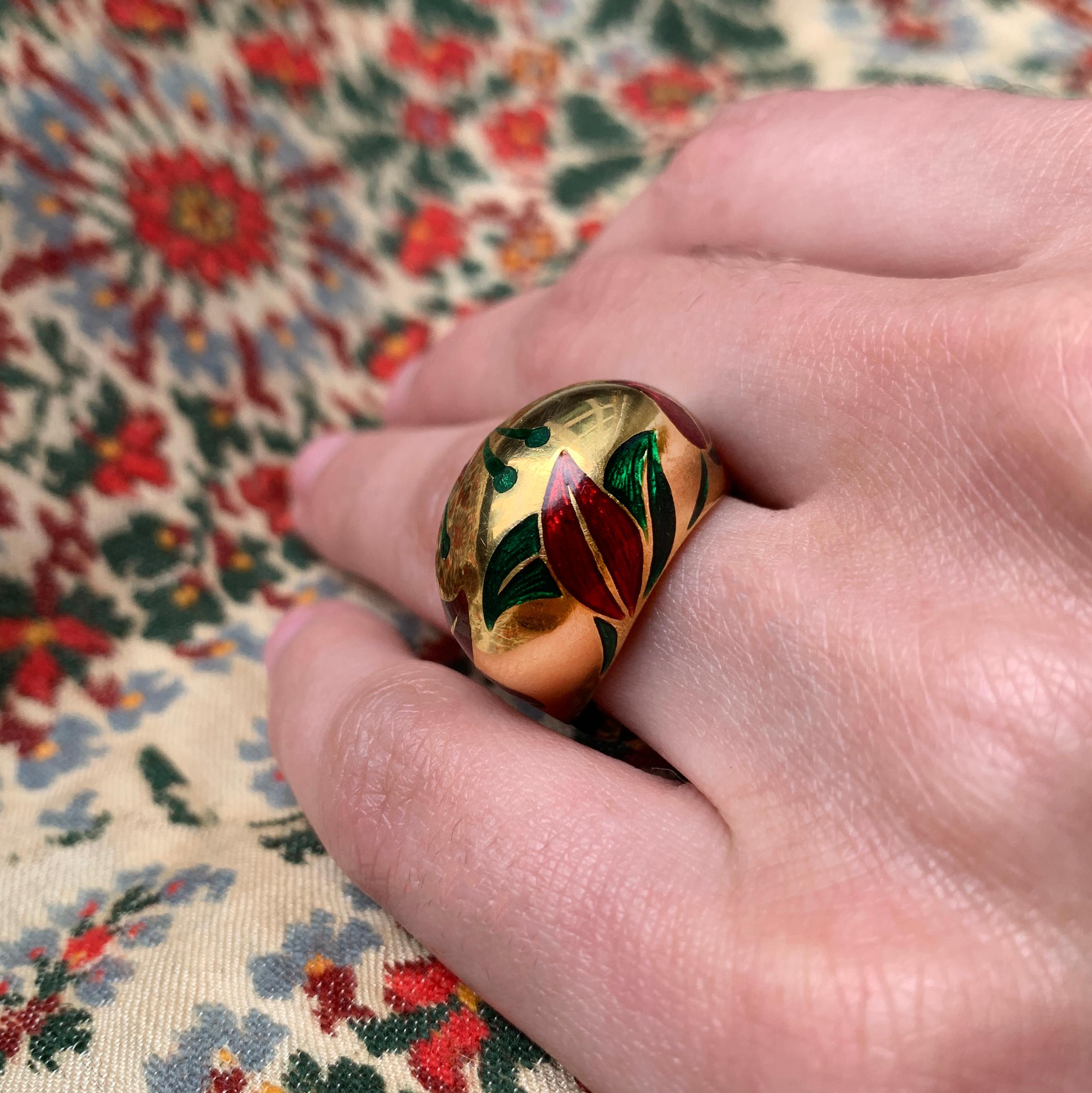 An enamel and 22k yellow gold Jaipur Bougainvillea Boulle ring, by Alice Cicolini, 2018.  Stamped with maker's mark and London assay marks. 

Cicolini is a London-based contemporary jewelry designer and advocate of heritage craftsmanship in London