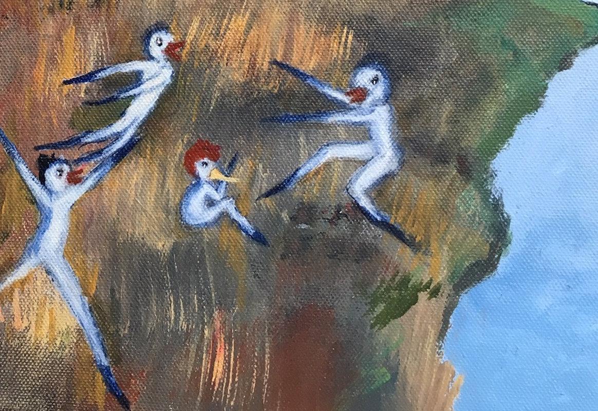 Peinture contemporaine, figurative et surréaliste à l'huile sur toile du peintre danois Bente Ørum, 2018.

Skjern AA est une petite rivière avec un delta étendu dans la partie centrale du Jutland, au Danemark 

À propos de l'artiste :
Les