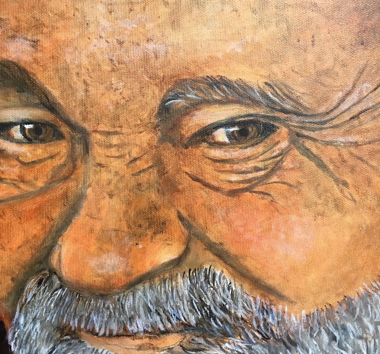 Peinture contemporaine, figurative et surréaliste à l'huile sur toile du peintre danois Bente Ørum, 2018.

Portrait d'un vieil homme satisfait 

À propos de l'artiste :
Les peintures de Bente Ørum sont figuratives, souvent avec un soupçon de