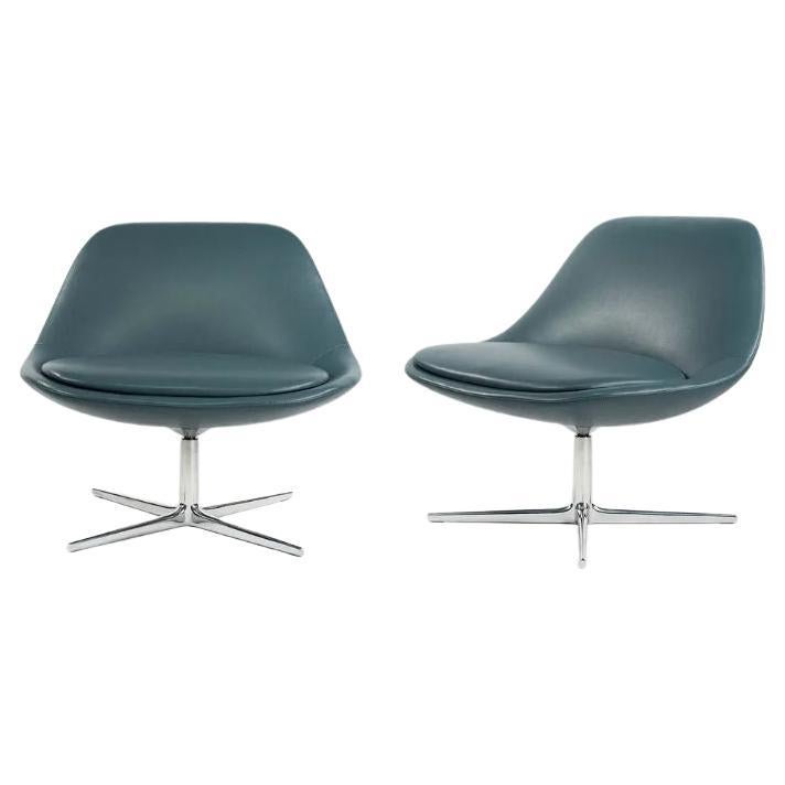 2018 Bernhardt Design Chiara Swivel Chairs in Blue Leather 2x Avail For Sale