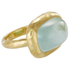 20.18 Carat Aquamarine Blue Sugarloaf Cabochon Gold Band Ring