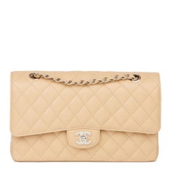2018 Chanel Beige Quilted Caviar Leather Medium Classic Double Flap Bag 