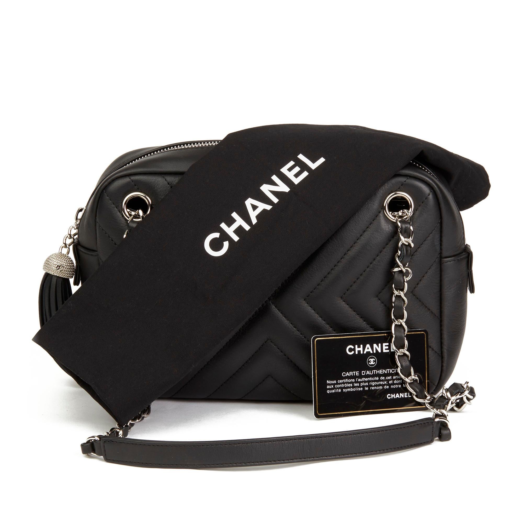 2018 Chanel Black Chevron Quilted Calfskin Leather Classic Fringe Camera Bag 4