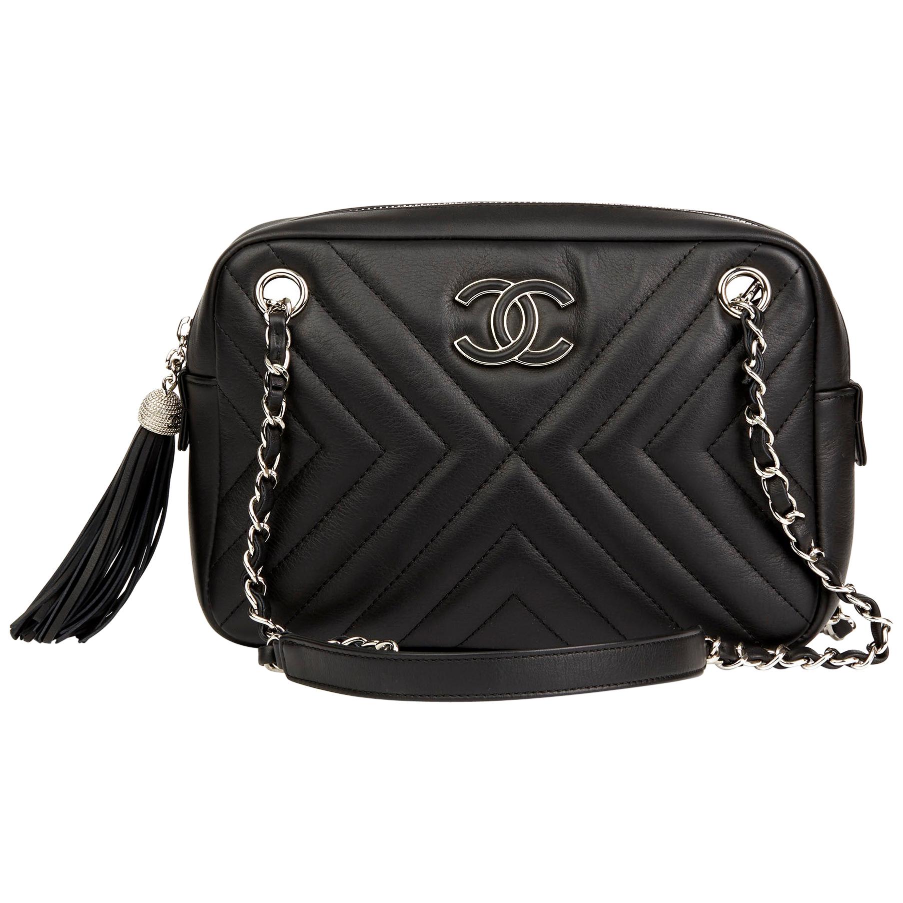 2018 Chanel Black Chevron Quilted Calfskin Leather Classic Fringe Camera Bag