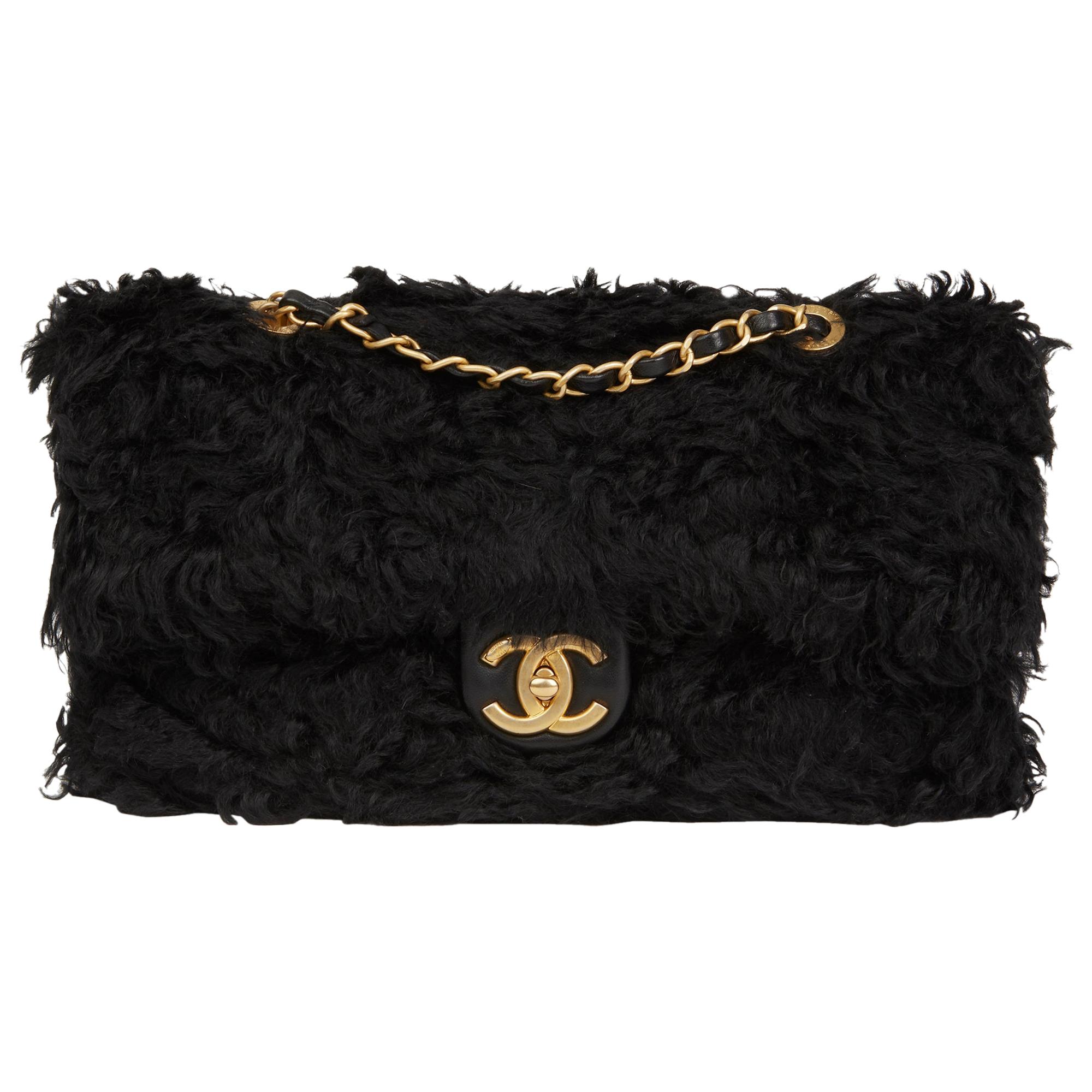 2018 Chanel Black Fantasy Fur Classic Foldover Flap Bag