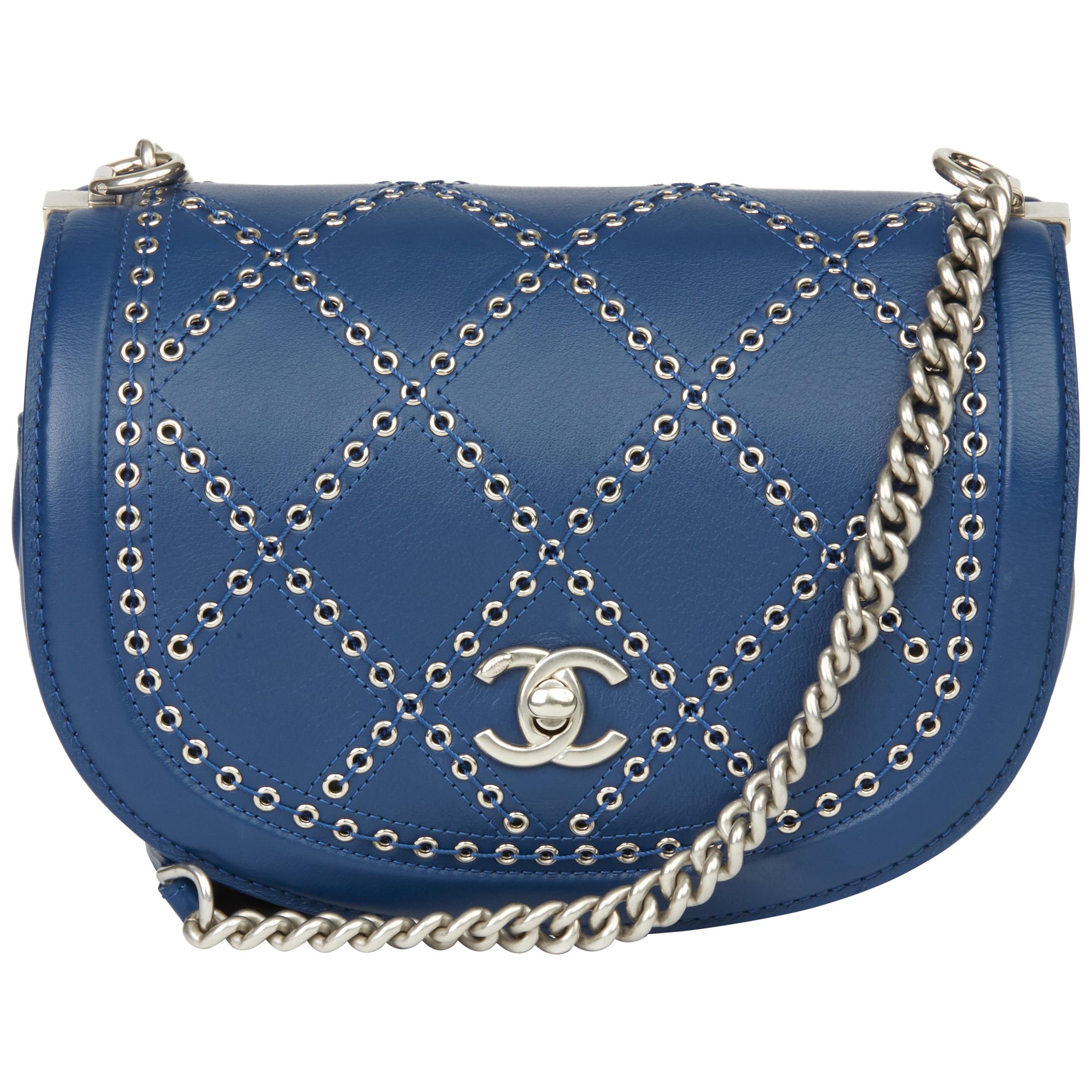 2018 Chanel Blue Quilted Calfskin Coco Eyelets Round Flap Bag at