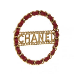 2018 Chanel gold tone Red leather brooch pin