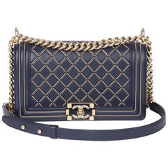 2018 Chanel Navy Chain Quilted Lambskin Medium Le Boy