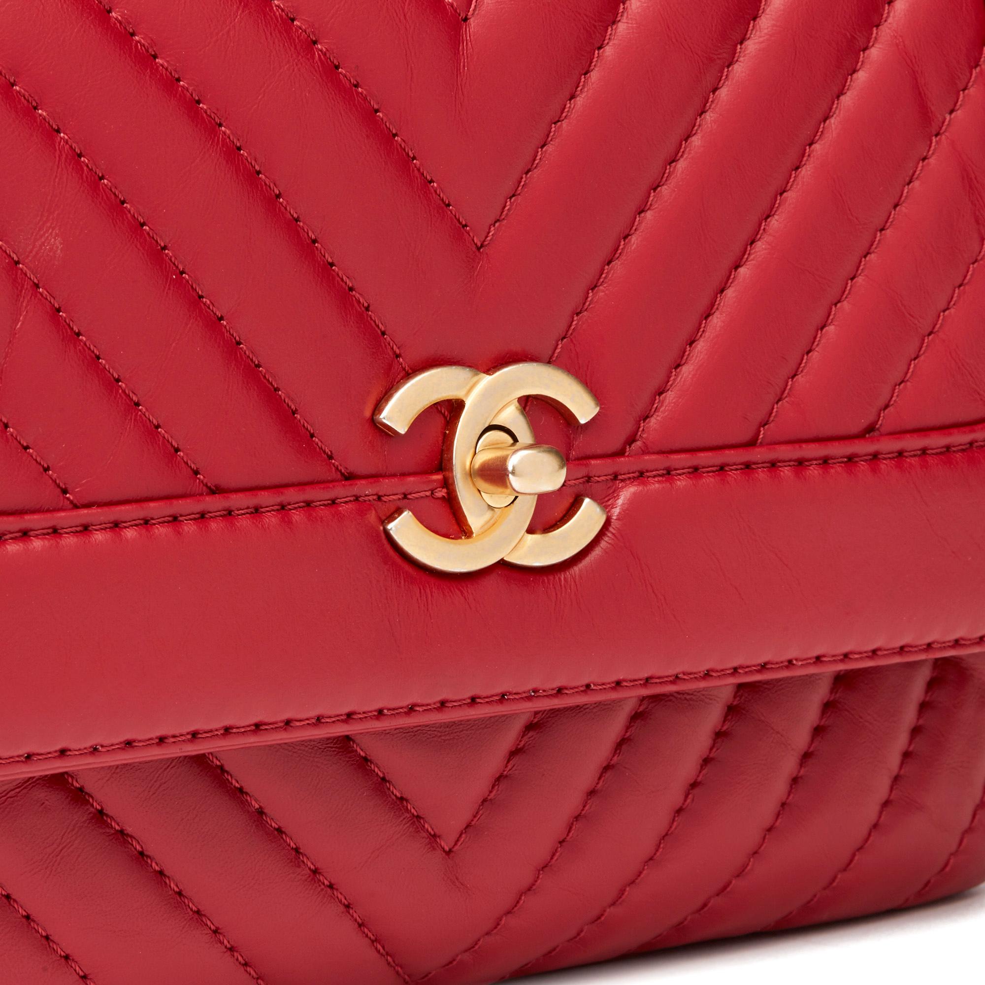 Women's 2018 Chanel Red Chevron Quilted Calfskin Leather Classic Top Handle Flap Bag