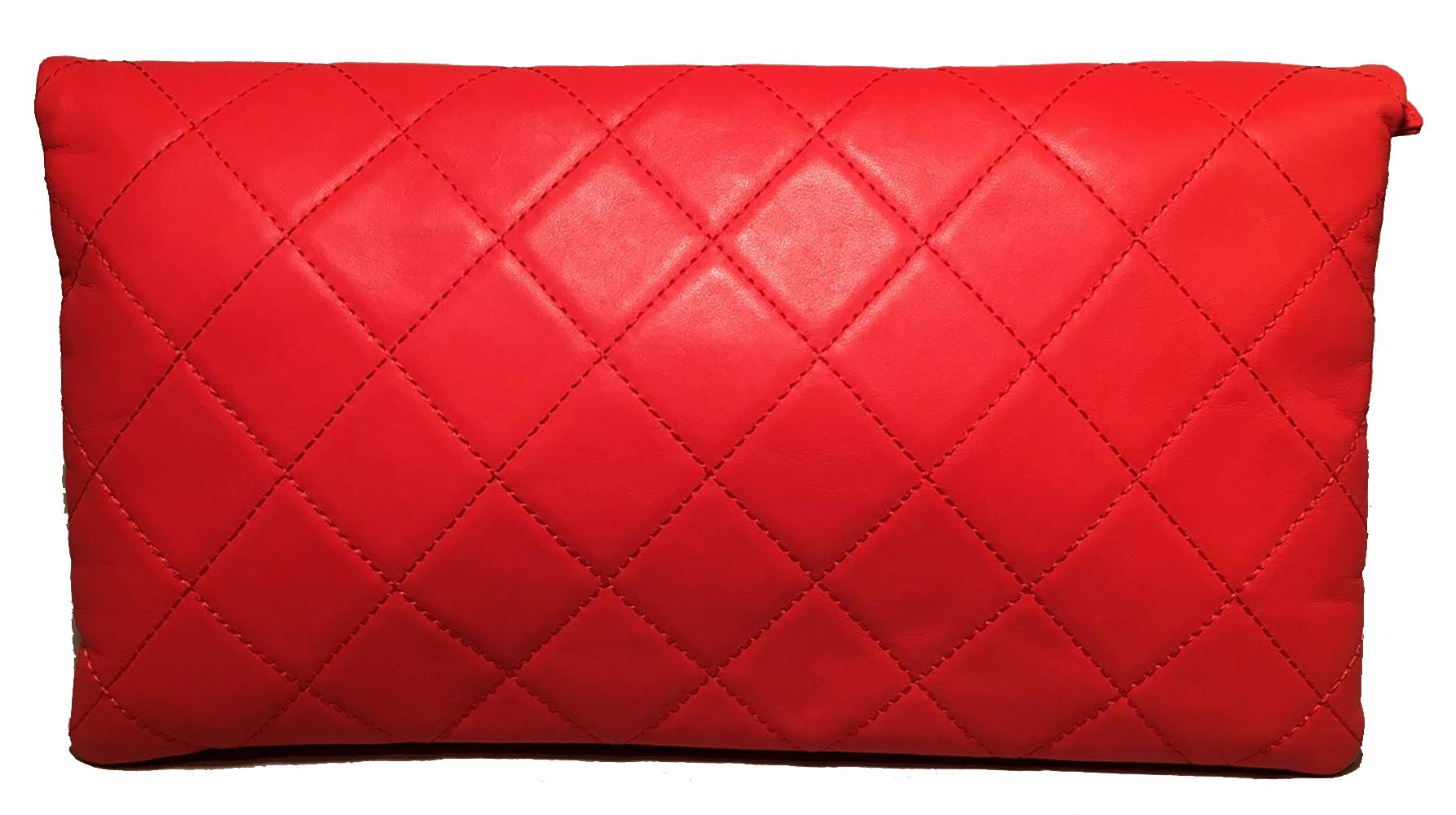 Chanel Red Quilted Leather CC Fold Over Clutch In Excellent Condition For Sale In Philadelphia, PA