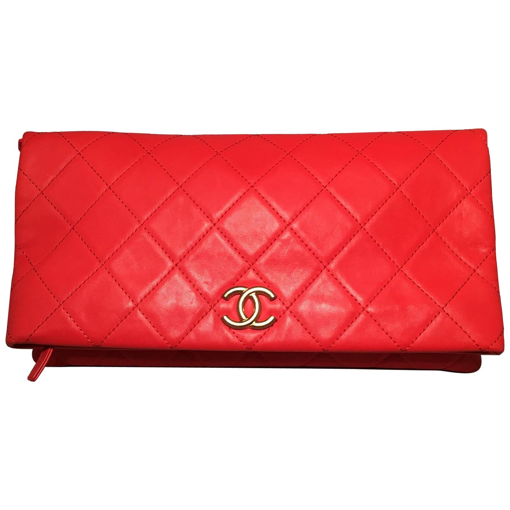 2018 Chanel Red Quilted Leather CC Fold Over Clutch