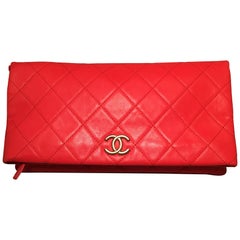 Chanel Red Quilted Leather CC Fold Over Clutch