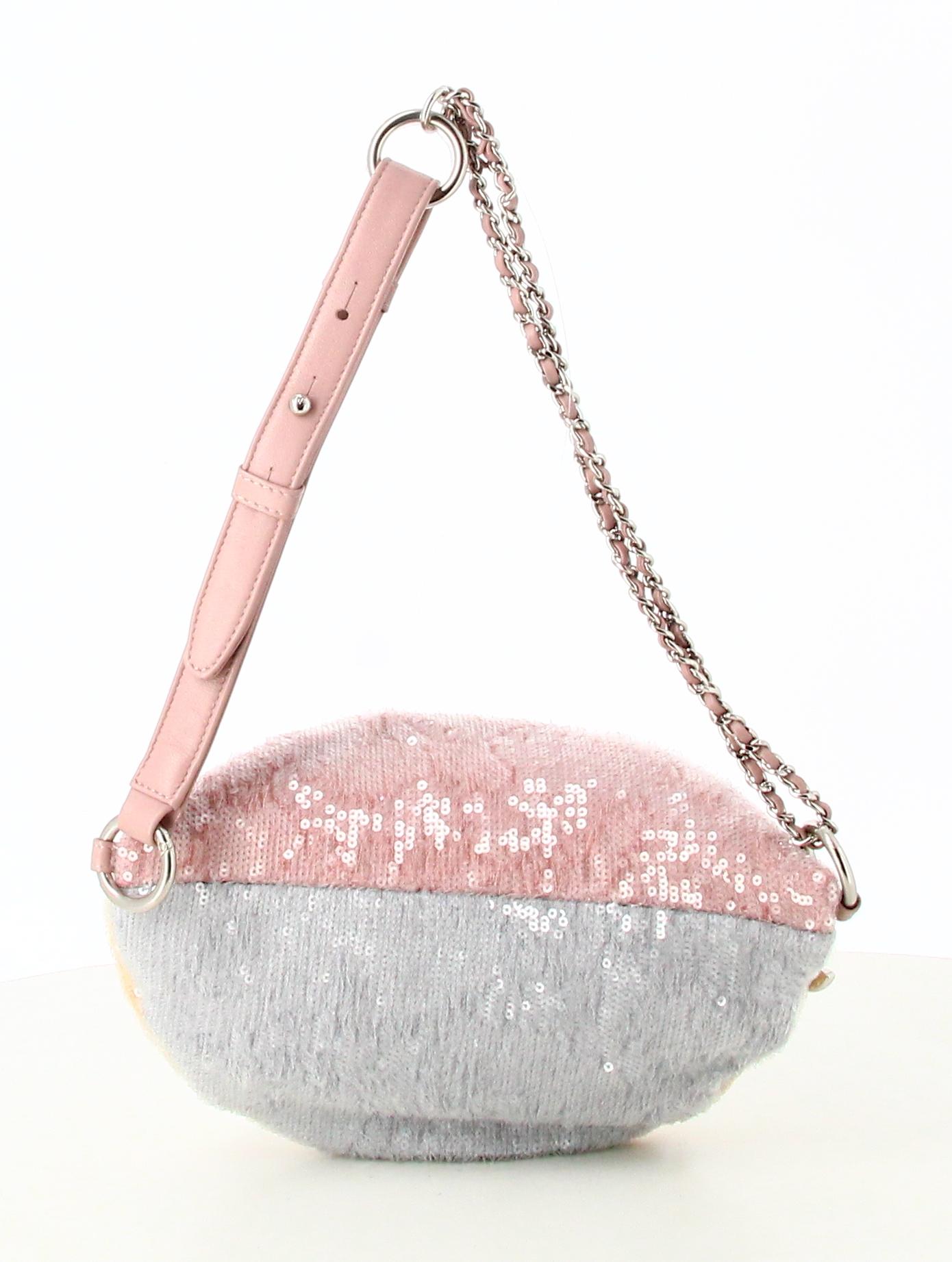 2018 Chanel Rose Beige and Grey Strass Banana Handbag 

- Very good condition. Shows very slight signs of wear over time.
- Chanel fanny pack 
- From Chanel private sales 
- Strass multicolor
- Clasp : Silver zip
- Pink leather strap and silver