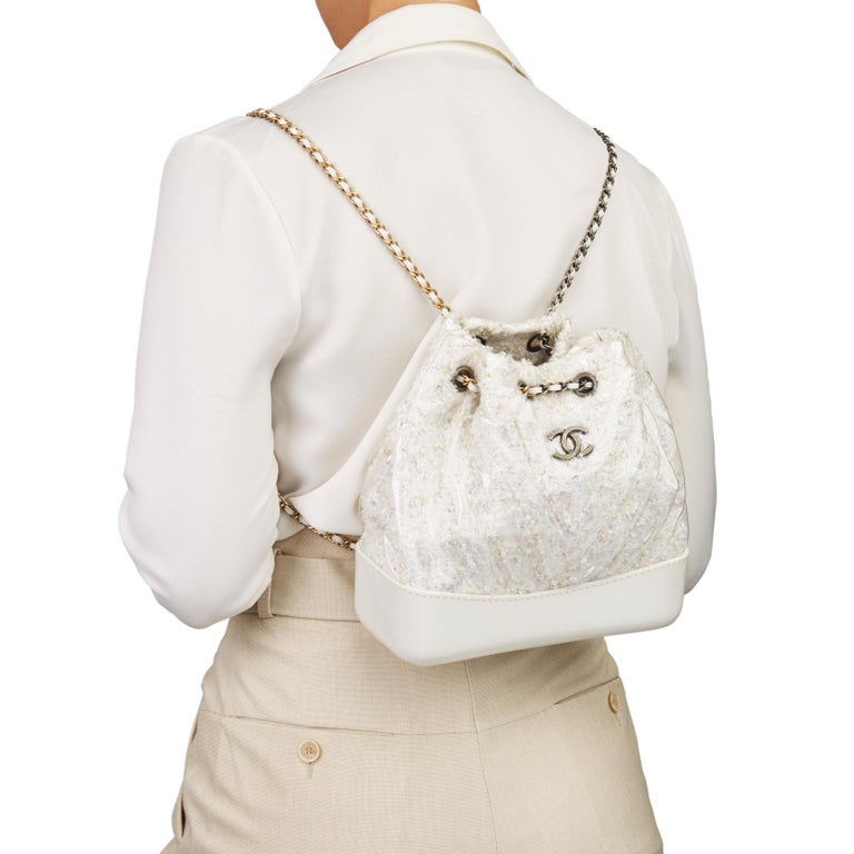 2018 Chanel White Tweed Fabric, Calfskin, Transparent PVC Gabrielle Backpack