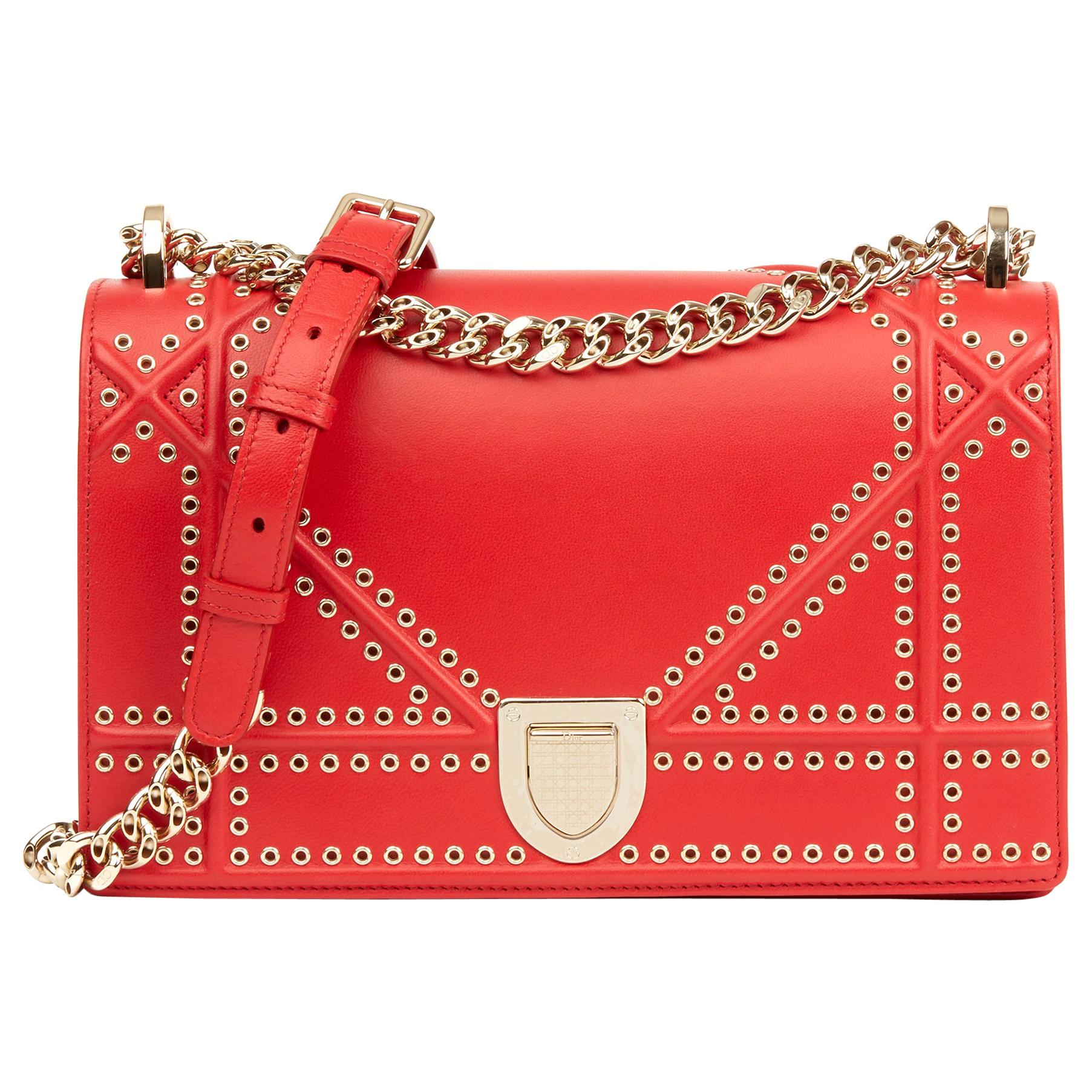 2018 Christian Dior Red Lambskin Eyelet Diorama Flap Bag