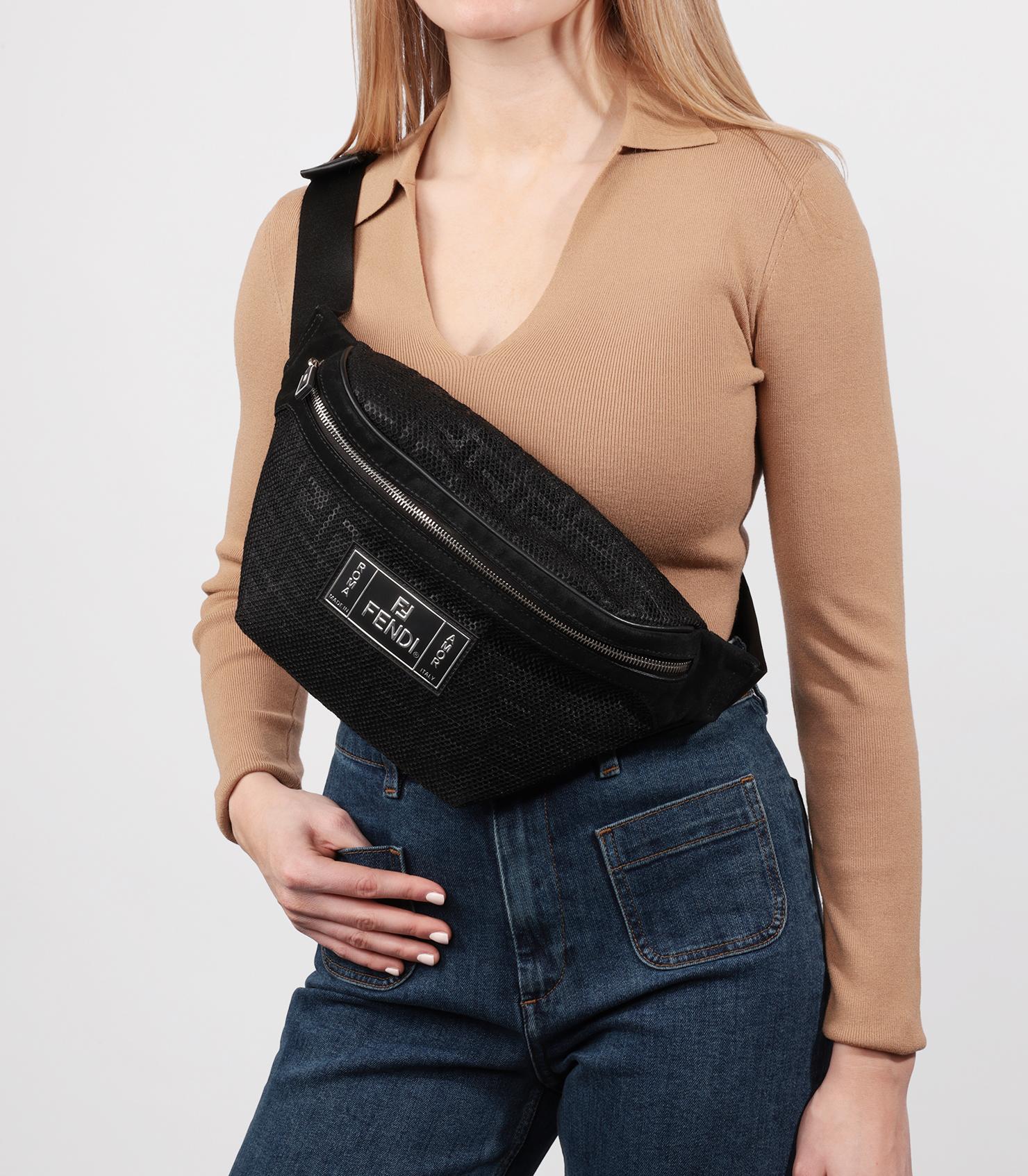 2018 Fendi Black Zucca Mesh & Suede Belt Bag For Sale 6