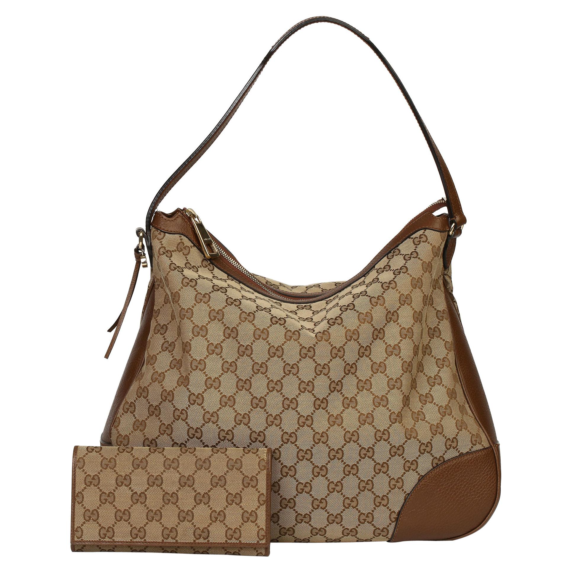 2018 Gucci Brown GG Canvas & Brown Calfskin Leather Bree Hobo with Wallet