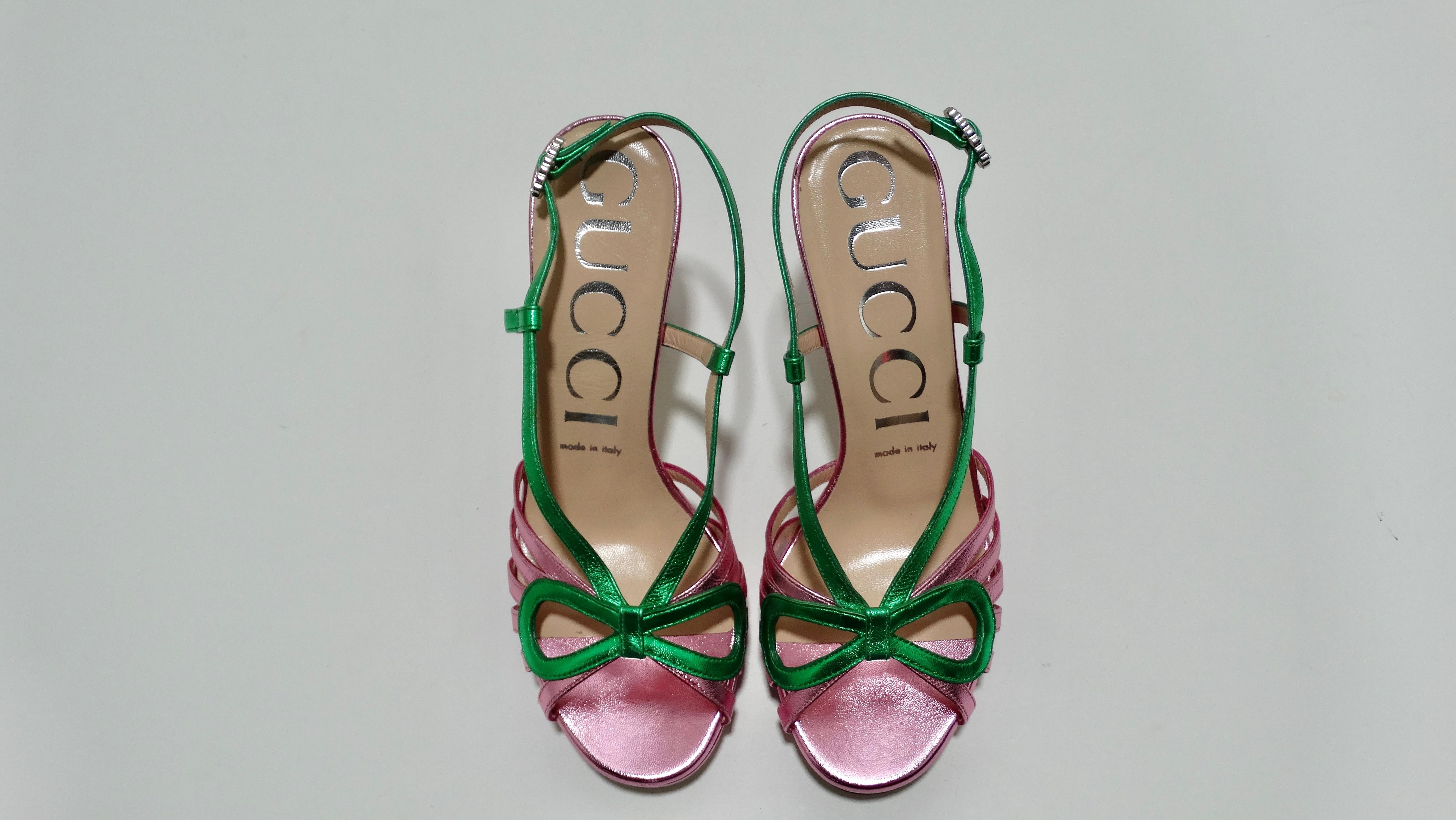 2018 Gucci Pink Green Metallic Leather Crossed Bow Sandals Platforms 2