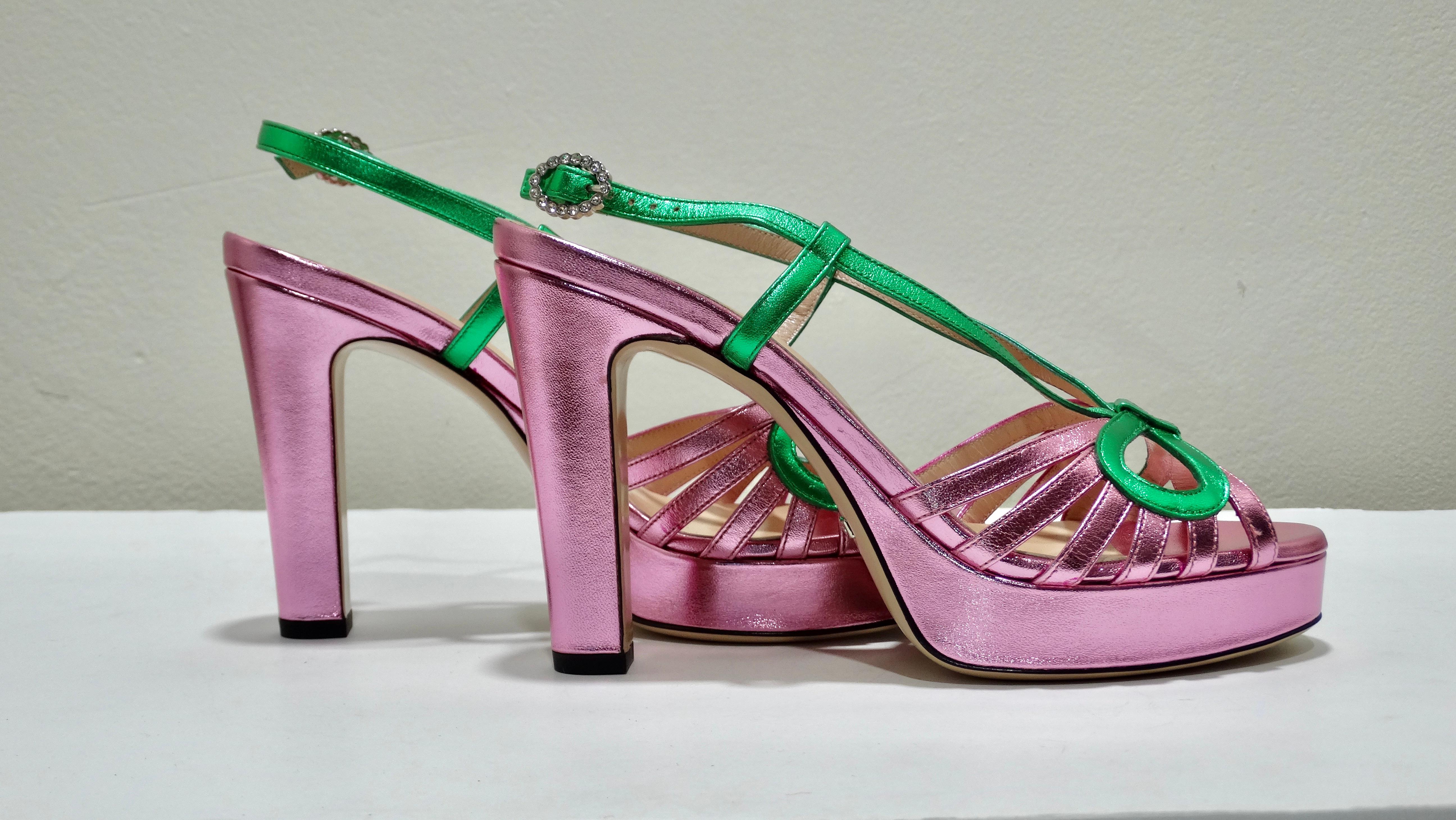 Brown 2018 Gucci Pink Green Metallic Leather Crossed Bow Sandals Platforms
