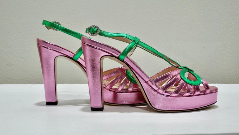 2018 Gucci Pink Green Metallic Leather Crossed Bow Sandals Platforms at  1stDibs | green metallic sandals, gucci pink and green, pink and green gucci