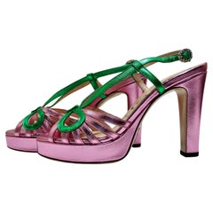 2018 Gucci Pink Green Metallic Leather Crossed Bow Sandals Platforms