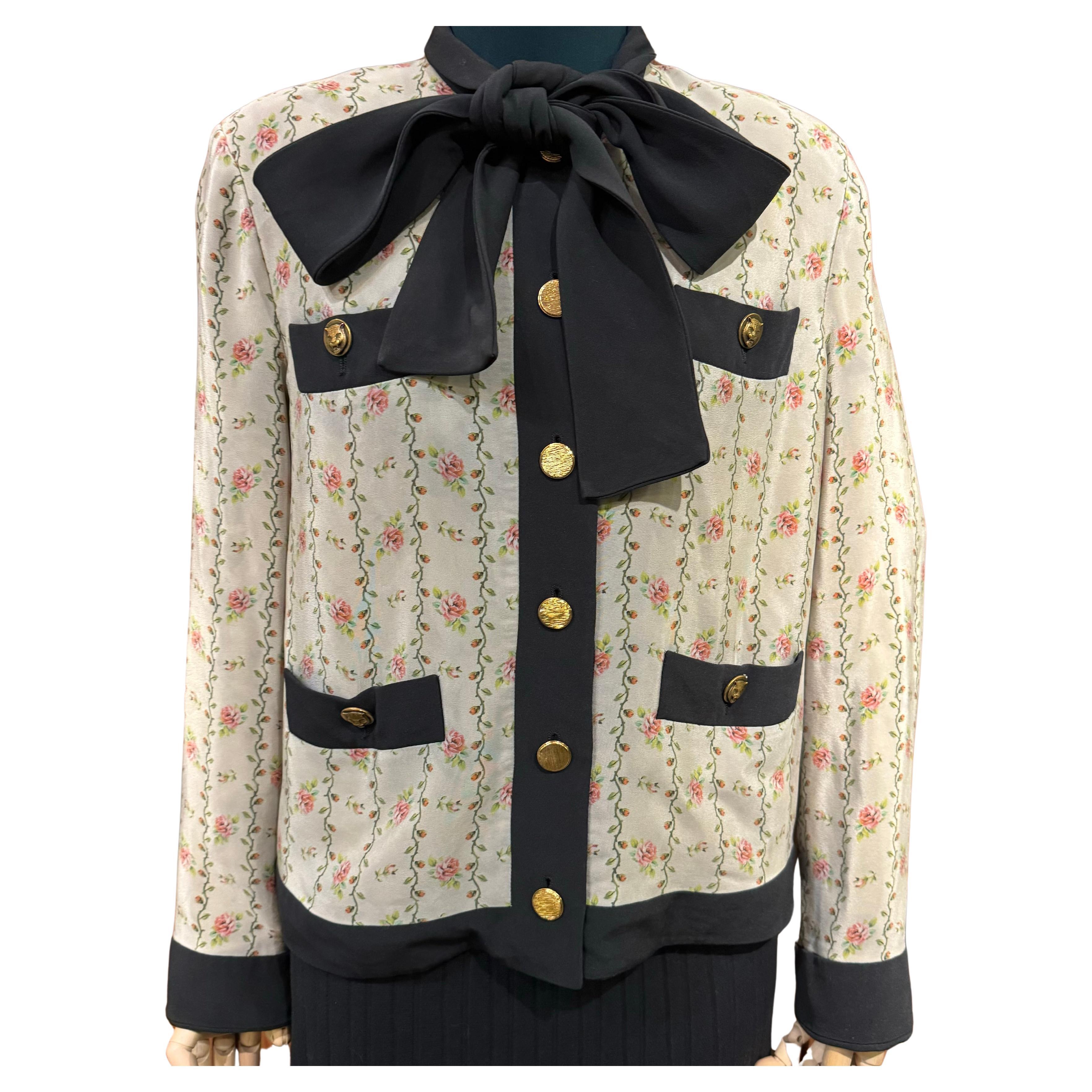 2018 Gucci Printed Morocain Silk Bow Jacket For Sale