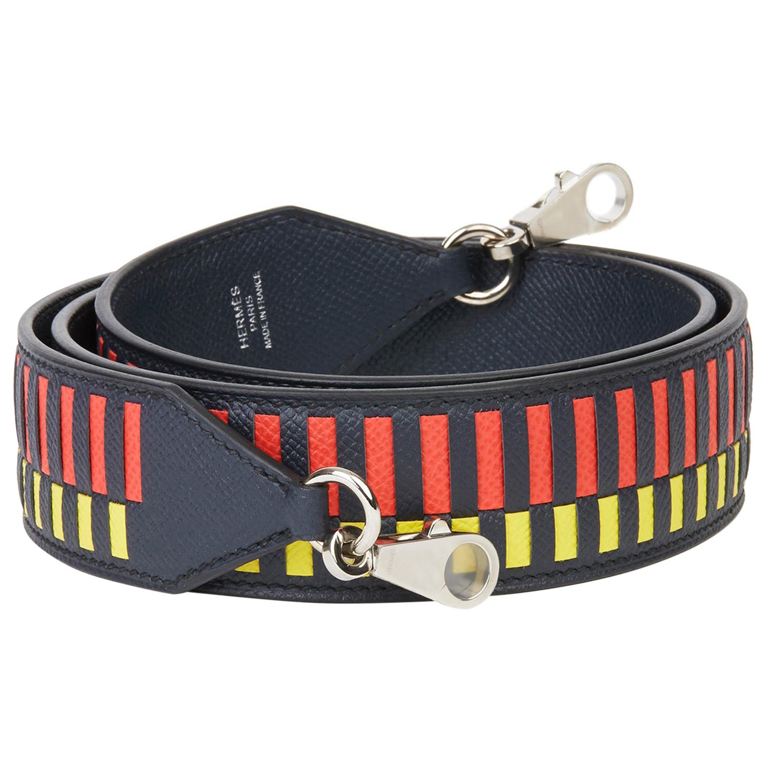 2018 Hermès  Bleu Indigo, Lime 
Rose Extreme Leather Tressage 40mm Bag Strap