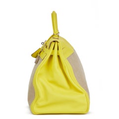 2018 Hermes Lime Evercolour Leder & Ficelle Toile Kelly Voyage 50cm