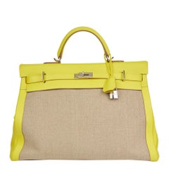 2018 Hermes Lime Evercolour Leather & Ficelle Toile Kelly Voyage 50cm