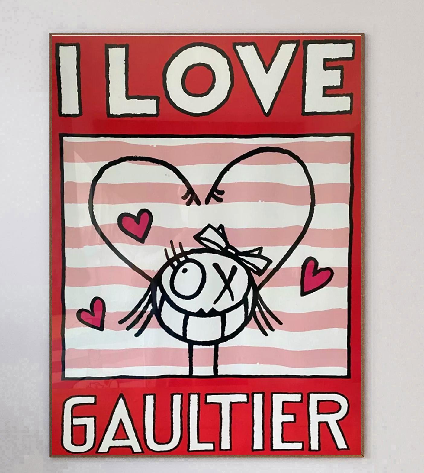 Brillantes und lebhaftes Plakat für Jean Paul Gaultier mit einem Kunstwerk von Andre Saraiva. Der schwedisch-französische Graffitikünstler schuf dieses Kunstwerk für den französischen Modedesigner in seinem unverkennbaren Stil als Teil der Promotion