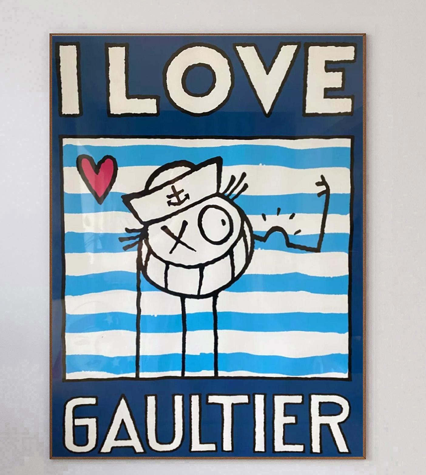 Brillantes und lebhaftes Plakat für Jean Paul Gaultier mit einem Kunstwerk von Andre Saraiva. Der schwedisch-französische Graffitikünstler schuf dieses Kunstwerk für den französischen Modedesigner in seinem unverkennbaren Stil als Teil der Promotion