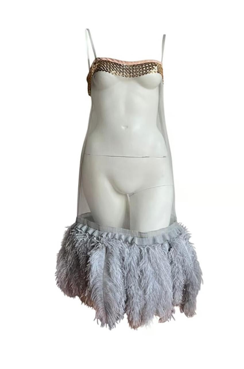 2018 PRADA OSTRICH FEATHER TRIMMED DRESS Sz IT 42 In New Condition In Montgomery, TX