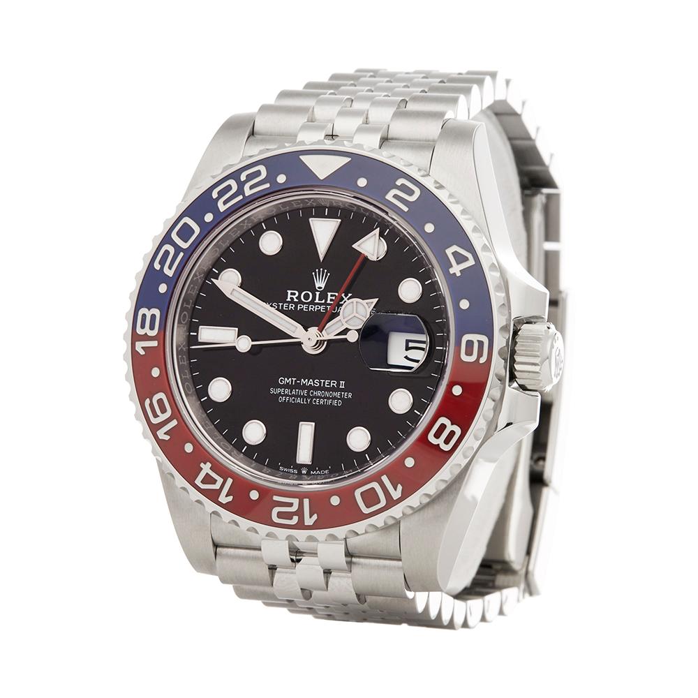 Contemporary 2018 Rolex GMT-Master II Pepsi Stainless Steel 126710BLRO Wristwatch
 *
 *Complete with: Box, Manuals & Guarantee dated 13th October 2018
 *Case Size: 40mm
 *Strap: Stainless Steel Jubilee
 *Age: 2018
 *Strap length: Adjustable up to