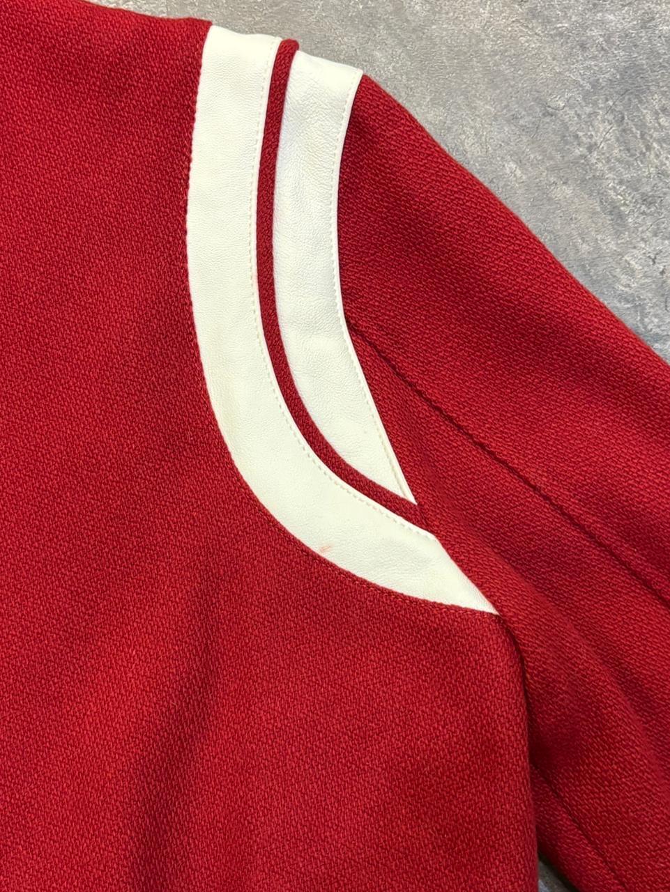 Classic saint laurent teddy jacket in red. Size 44 (XS) but slightly stretchy, could fit to medium (slightly fitted). Minor yellowing on the stripes details but not too noticeable. Minor color transfer on some areas of the white leather panelling. 