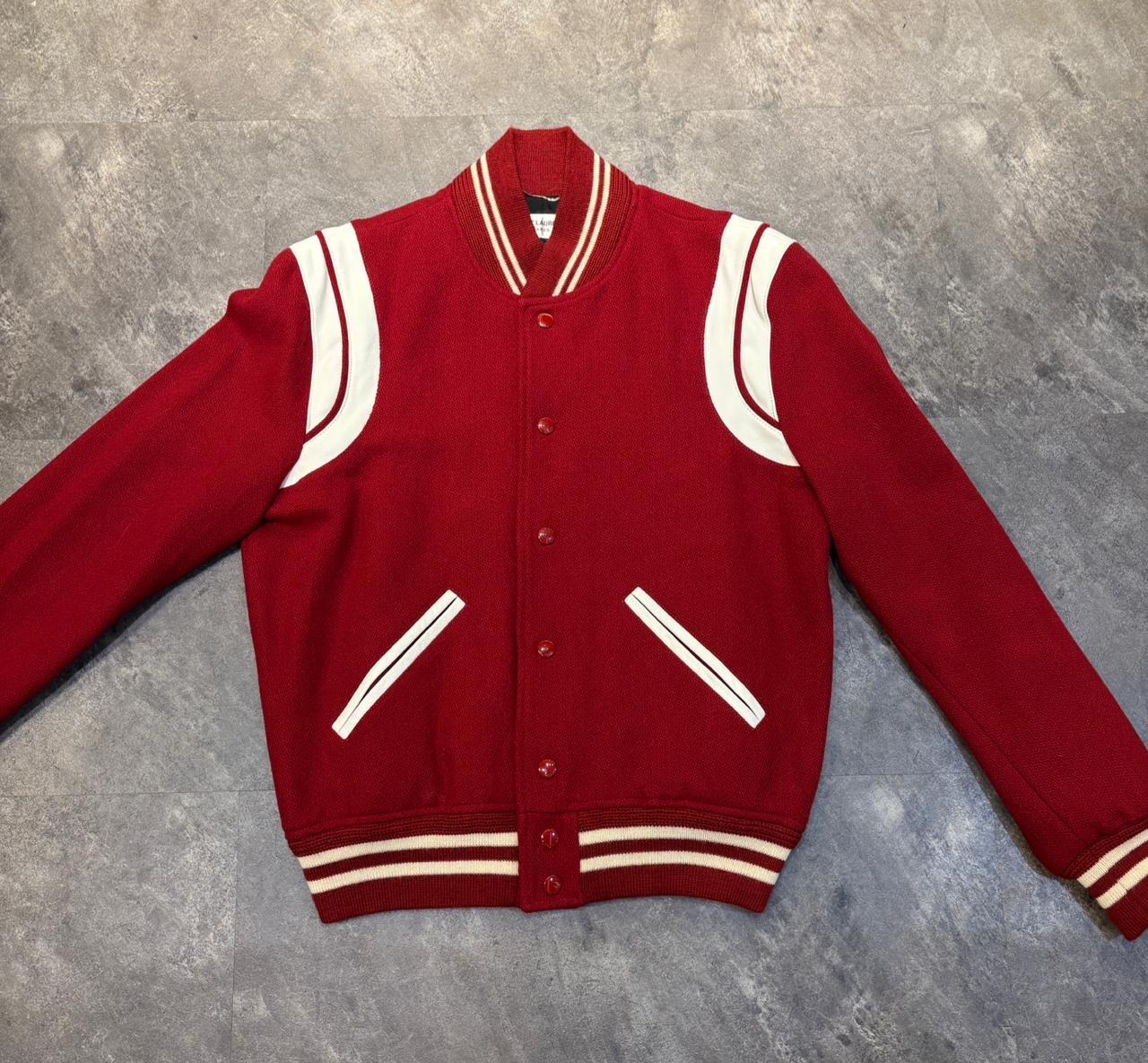 2018 Saint Laurent Red Wool Teddy Varsity Jacket In Good Condition For Sale In Jakarta, Daerah Khusus Ibukota Jakarta