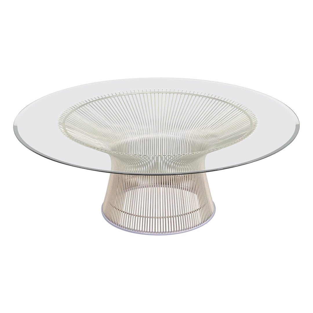 2018 Warren Platner for Knoll Table basse avec plateau en verre 42" et base en nickel en vente