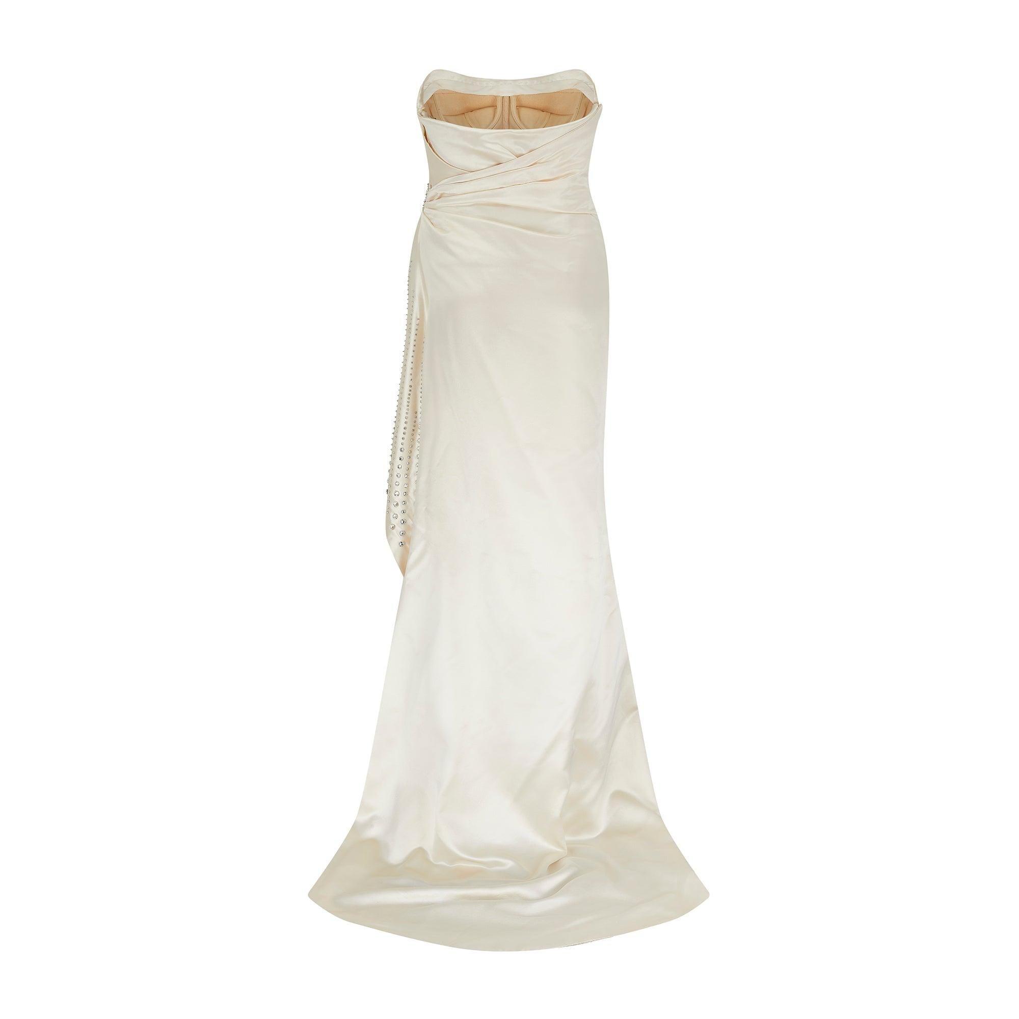 Beige 2019 Alberta Ferretti Couture Cream Silk Rhinestone Dress with Train For Sale