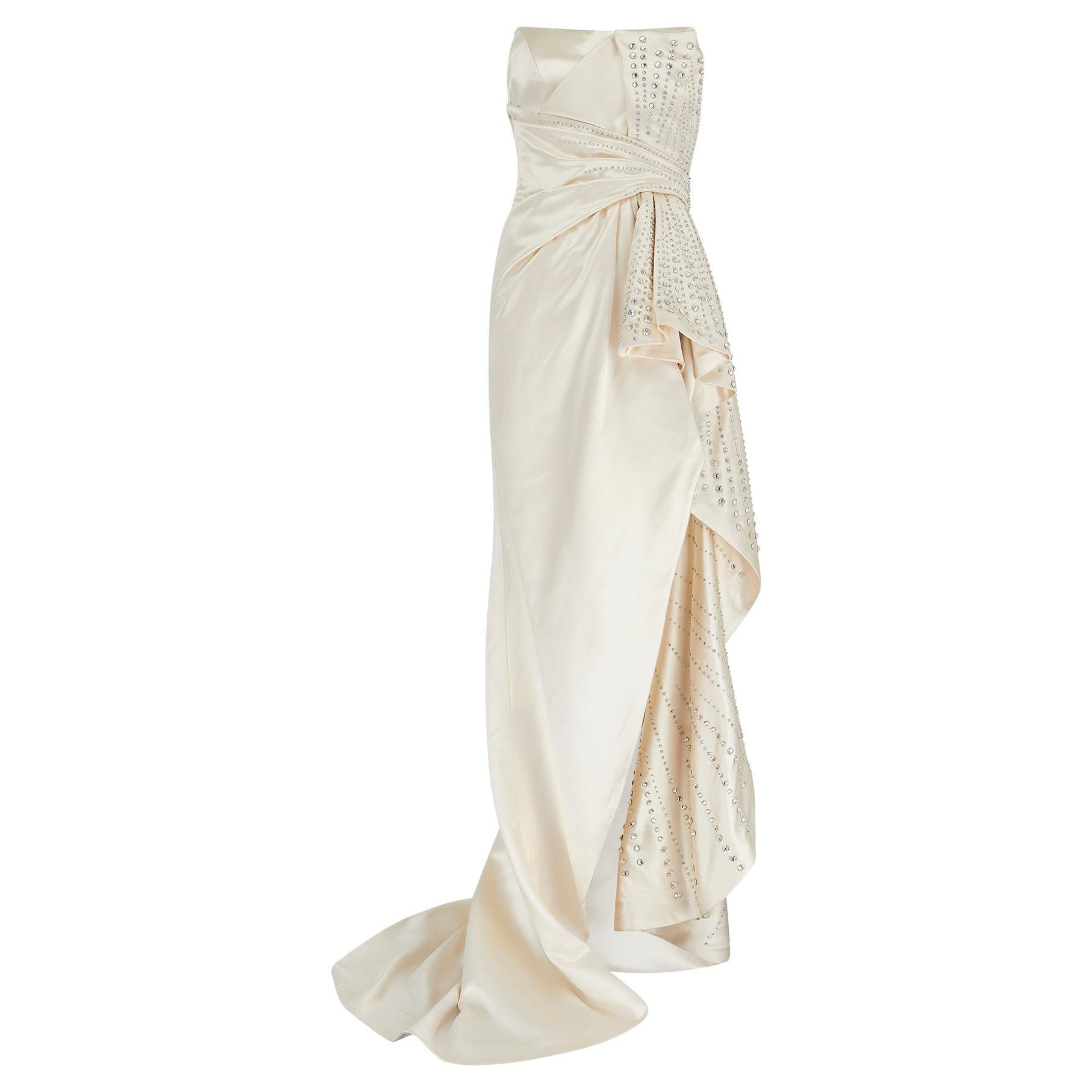 2019 Alberta Ferretti Couture Cream Silk Rhinestone Dress with Train For Sale