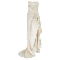 2019 Alberta Ferretti Couture Cream Silk Rhinestone Dress with Train