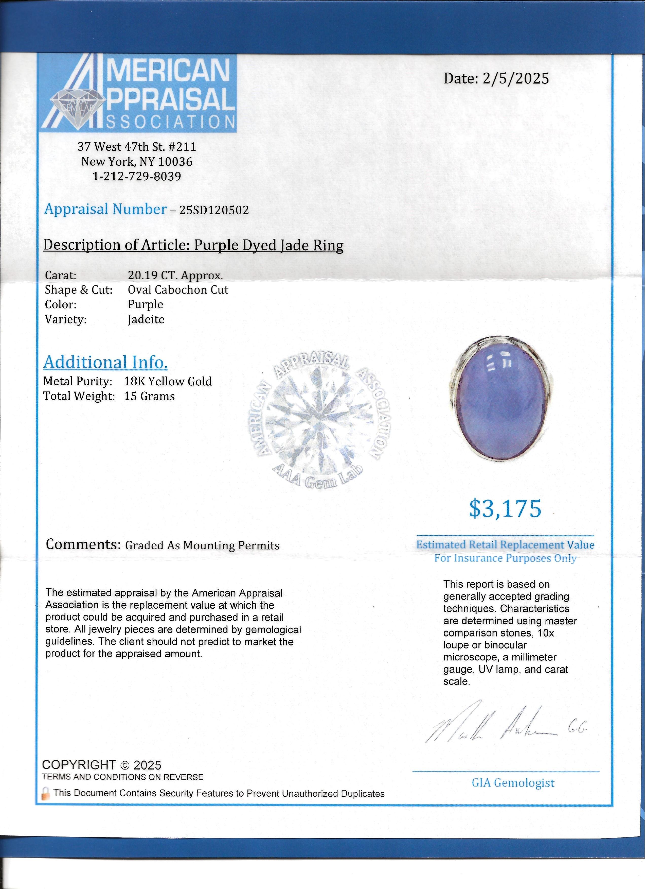 20.19 Carat Oval Cabochon Dyed Purple Jade Cocktail Ring in 14 Karat Yellow Gold For Sale 5