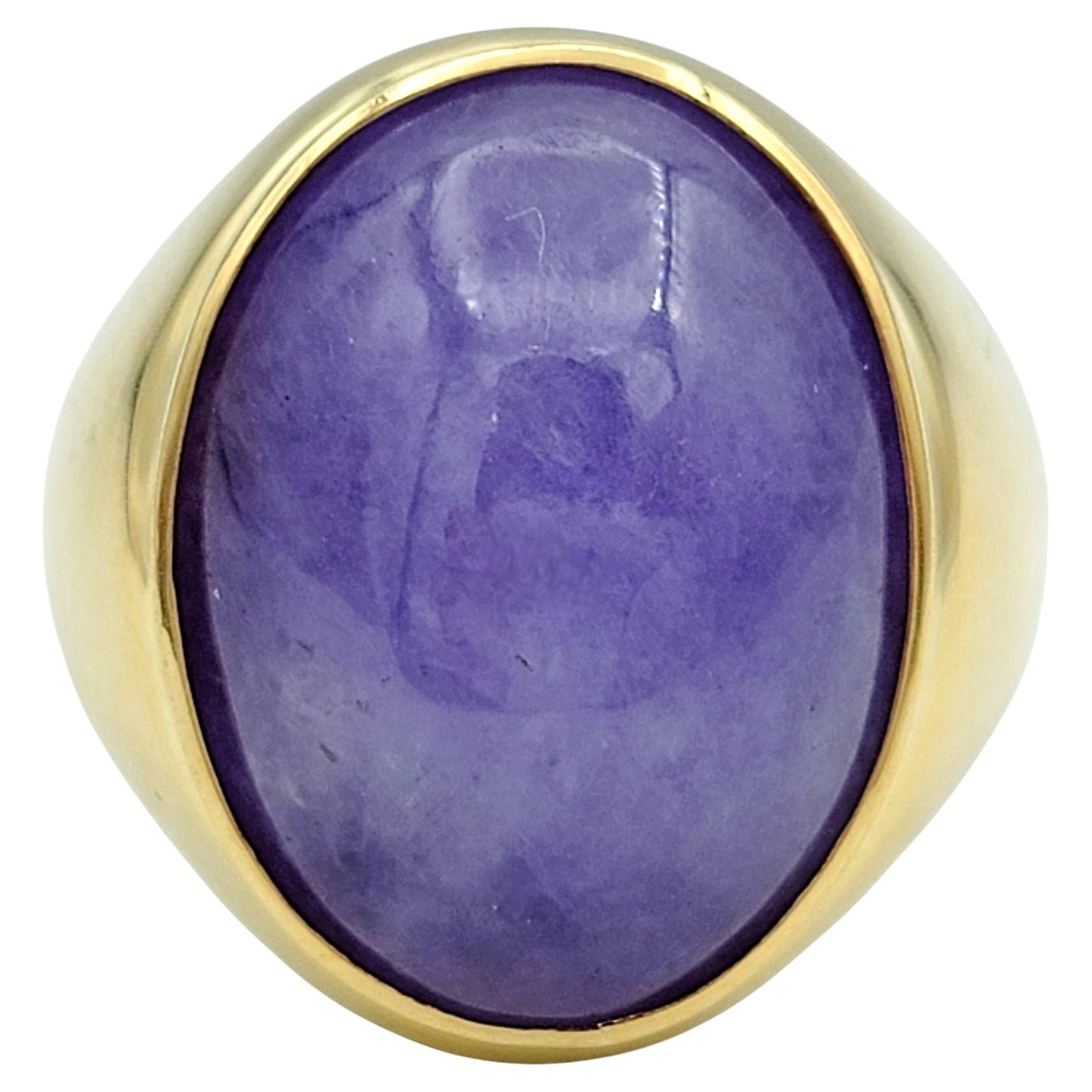 20.19 Carat Oval Cabochon Dyed Purple Jade Cocktail Ring in 14 Karat Yellow Gold