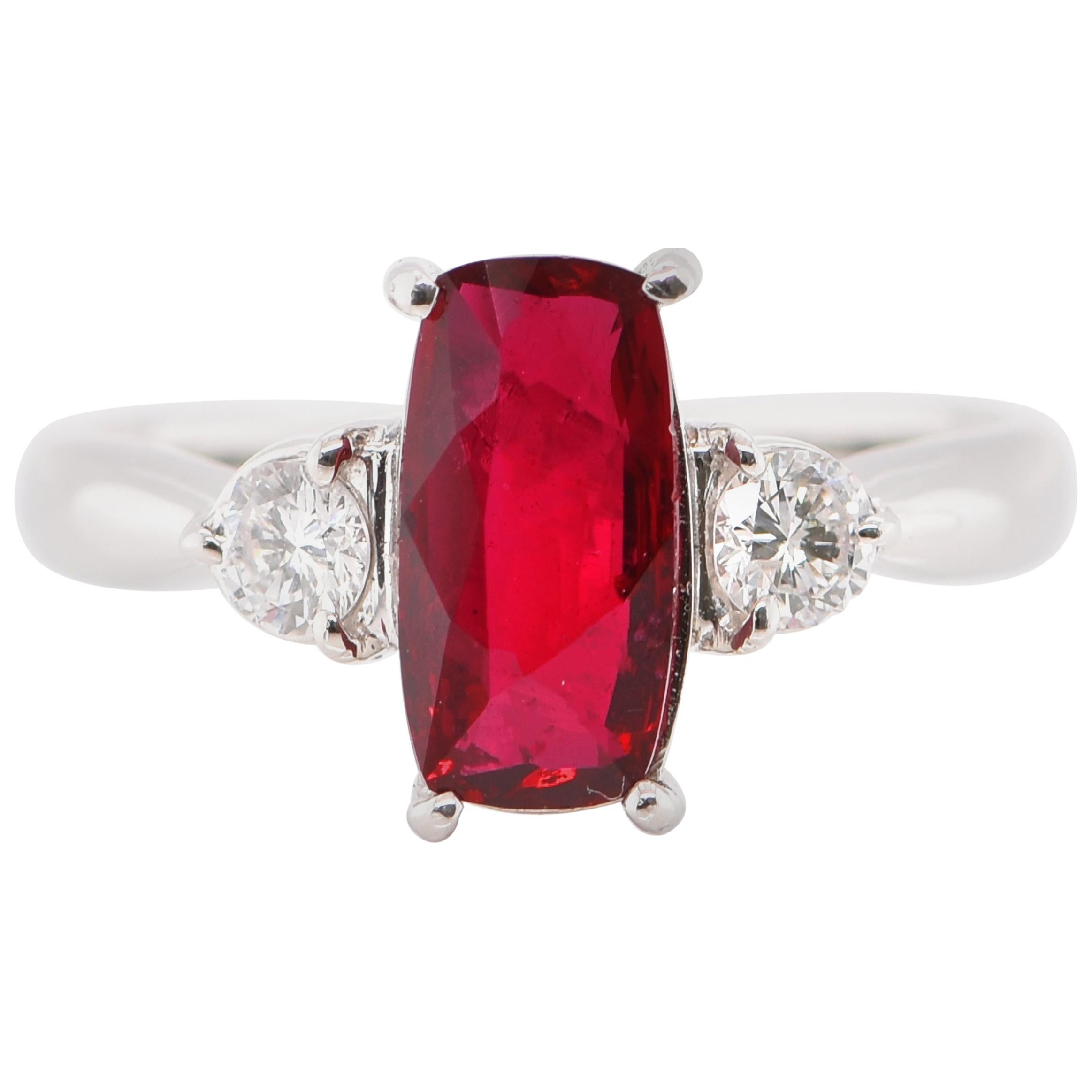2.019 Carat Untreated, Mozambique Ruby and Diamond Ring Set in Platinum