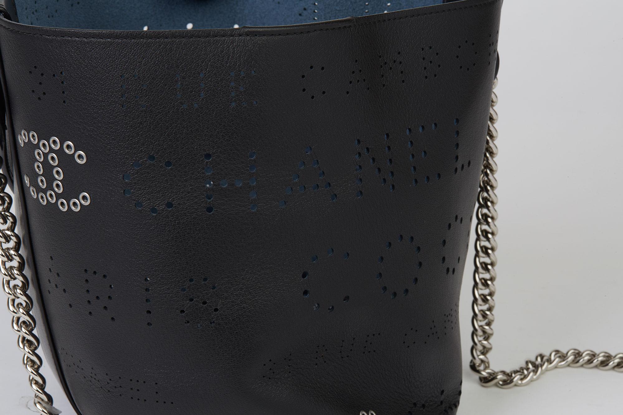 2019 Chanel Black Perforated Calfskin Logo Eyelets Bucket Bag with Tweed Pouch 5