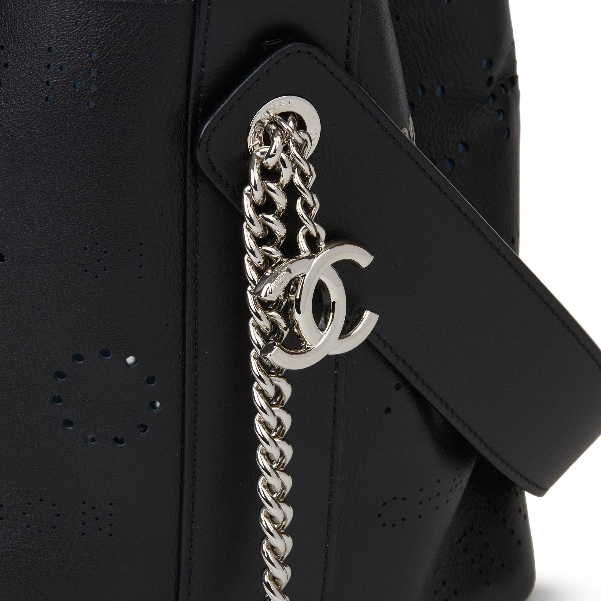 Women's 2019 Chanel Black Perforated Calfskin Logo Eyelets Bucket Bag with Tweed Pouch